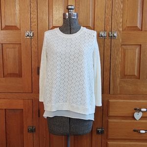 Lucky Brand ivory layered chiffon split back knit sweater